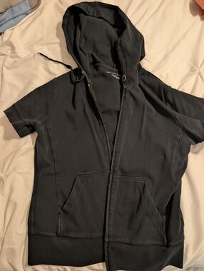 New York & Company Black Short-Sleeve Zip Hoodie